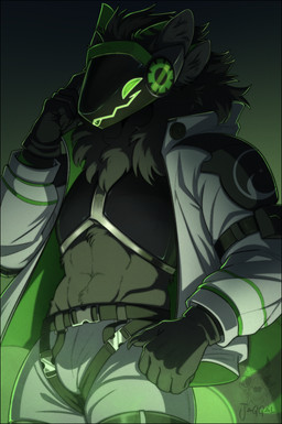 abs anthro athletic black_body black_fur bodysuit clothing confident cybernetics cyberpunk cyberpunk_clothes dramatic_lighting engineer_(profession) fluffy fluffy_chest fur futuristic futuristic_clothing gloves glowing glowing_visor green_glow green_lighting hacker handwear harness high_tech jacket machine male masculine mercenary muscular mysterious neon neon_glow operative robotic science_fiction skinsuit smile smirk solo standing straps syntheti technology tight_clothing topwear visor jaggal protogen invalid_tag cool_colors digital_media_(artwork) hi_res