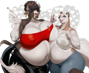 animal_ears anthro areola belly big_belly big_breasts biped both_pregnant bottomwear bra breast_squish breasts breasts_frottage brown_body clothing condom curvy_figure denim denim_bottomwear denim_clothing duo eyelashes female female/female genitals hair huge_belly huge_breasts huge_thighs jeans larger_female latex latex_bottomwear latex_clothing latex_legwear latex_pants legwear looking_at_viewer mature_female multicolored_body multiple_pregnancies nipple_outline pants pregnancy_test pregnant pregnant_anthro pregnant_female pupils sexual_barrier_device size_difference smaller_female smile squish tail thick_thighs topwear translucent translucent_bra translucent_clothing translucent_underwear tube_top underwear voluptuous vulva white_body wide_hips wetsealky bovid bovine cattle mammal mustelid musteline stoat true_musteline weasel absurd_res hi_res