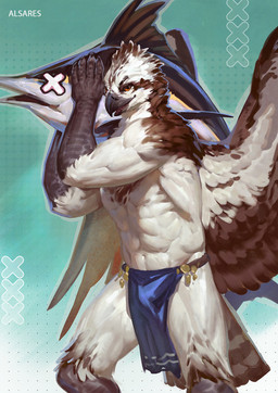abs ambiguous_gender anthro back_wings beak biped bottomwear brown_body brown_feathers claws clothed clothed_anthro clothed_male clothing duo feathers feral fingers front_view loincloth loincloth_only looking_at_viewer male muscular muscular_male navel scuted_arms scutes smile standing tail tail_feathers teeth tongue topless white_body white_feathers wings alsares ozawk_(character) accipitriform aquatic avian bird fish osprey 2026 digital_drawing_(artwork) digital_media_(artwork) hi_res