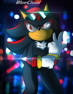 anthro black_body black_fur city city_background clothing eyewear fur glasses gloves handwear lights male night red_body red_eyes red_fur ring solo thick_thighs bluecloud sega sonic_riders sonic_the_hedgehog_(series) shadow_the_hedgehog eulipotyphlan hedgehog mammal hi_res