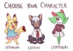 2018 anthro bow_ribbon brown_eyes cheek_spots clothed clothing digital_media_(artwork) eyelashes female feral flavia-elric generation_1_pokemon generation_2_pokemon generation_3_pokemon green_body green_hair group hair houndour humanoid kirlia male necktie nintendo open_mouth open_smile paws pikachu pokemon pokemon_(species) pupils red_cheeks shirt simple_background sitting slit_pupils smile standing sweater tail topwear trio white_background white_pupils white_sclera yellow_body