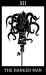 black_border border card card_template chain chain_collar collar crown fortune_telling headgear king major_arcana male multi_eye roman_numeral royalty silhouette simple_background solo split_form suspension tarot tarot_card tentacles text the_hanged_man_(tarot) upside_down white_background white_text wrappings sunnyclockwork scp_foundation hanged_king cecaelia deity humanoid marine merfolk tentacle_creature 2015 black_and_white digital_drawing_(artwork) digital_media_(artwork) english_text monochrome