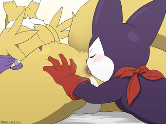 4_fingers ambiguous_gender ambiguous_humanoid anal anthro anus armwear armwear_only balls biped black_eyebrows black_nose blush bridal_gauntlets bridal_gauntlets_only butt butt_grab clothing darkened_anus dipstick_ears duo ear_markings eyebrows eyes_closed fingers fur genitals gloves hand_on_another's_butt hand_on_butt handwear humanoid_on_anthro kerchief larger_anthro larger_male leg_markings lying male male/ambiguous male_anthro male_on_humanoid markings mostly_nude mostly_nude_ambiguous mostly_nude_anthro mostly_nude_male multicolored_body multicolored_ears multicolored_fur neck_tuft neckerchief neckwear on_front oral purple_armwear purple_body purple_bridal_gauntlets purple_clothing purple_markings red_clothing red_gloves red_handwear red_kerchief red_neckerchief rimming sex simple_background size_difference smaller_ambiguous smaller_humanoid tail text thigh_markings tomoe_(symbol) tongue tongue_out tuft two_tone_body two_tone_fur white_background white_balls white_body white_ear_tips white_face white_fur yellow_body yellow_fur yellow_tail winick-lim bandai_namco digimon canid canine digimon_(species) humanoid impmon mammal renamon 2021 4:3 absurd_res artist_name digital_drawing_(artwork) digital_media_(artwork) hi_res