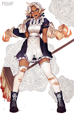 absolute_territory amber_eyes annoyed athletic athletic_female black_clothing black_footwear black_gloves black_handwear bow_tie broom cleaning_tool clothing dark_body dark_skin female fist footwear gloves handwear humanoid_pointy_ears looking_at_viewer maid_headdress maid_uniform olivia_(fiship) pigtails pointy_ears solo standing tomboy torn_clothing uniform fiship elf humanoid mammal absurd_res full-length_portrait hi_res portrait