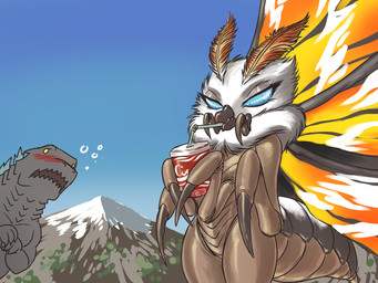 4_arms ambiguous_gender antennae_(anatomy) blue_eyes blush claws container cup drinking drinking_straw duo female feral fur grey_body grey_scales insect_wings mountain multi_arm multi_limb open_mouth outside scales semi-anthro sky white_body white_fur wings yellow_eyes chochi godzilla_(series) monsterverse mothra_(series) toho godzilla mothra arthropod insect kaiju lepidopteran lizard moth reptile scalie 4:3 hi_res