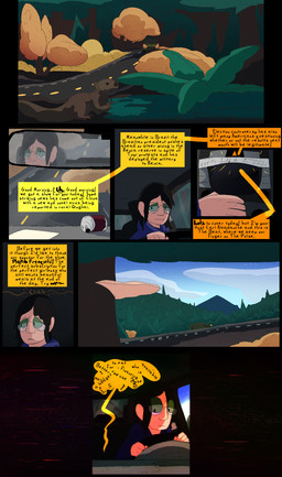 car day dialogue driving fantasy female forest outside plant road text tree vehicle thepatchedragon dragonscape sarah_(thepatchedragon) human mammal comic english_text hi_res