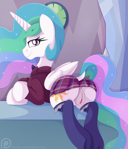 blue_hair blue_tail bottomwear butt clock clothed clothed_feral clothing cutie_mark eyelashes feathered_wings feathers female feral fur genitals green_hair green_tail hair hooves horn legwear long_hair long_tail looking_at_viewer looking_back multicolored_hair multicolored_tail patreon_logo pink_hair pink_tail presenting presenting_hindquarters purple_clothing purple_eyes purple_legwear purple_stockings quadruped rear_view red_clothing red_topwear seductive skirt smile solo stockings tail text topwear unicorn_horn vulva white_body white_feathers white_fur white_horn wings pearlyiridescence friendship_is_magic hasbro my_little_pony mythology patreon princess_celestia_(mlp) equid equine mammal mythological_creature mythological_equine winged_unicorn 2017 digital_media_(artwork) hi_res url