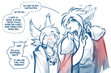 anthro biped bottomwear breasts clothed clothed_anthro clothed_female clothed_male clothing dialogue duo female front_view fully_clothed fully_clothed_anthro fully_clothed_female fully_clothed_male fur hair male standing text conditional_dnp tom_fischbach twokinds king_adelaide basitin mammal 2026 digital_drawing_(artwork) digital_media_(artwork) english_text