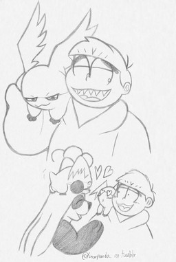 >:3 anthro black_body black_fur black_nose black_paws blush clothed clothing eyebrows eyes_closed female feral fur fur_markings graphite group hair head_wings heart_symbol human_on_anthro_romance male male/female markings membrane_(anatomy) membranous_wings not_furry open_mouth open_smile round_ears selfship simple_background slightly_chubby smile tail teeth thick_eyebrows tongue unusual_wing_placement white_body white_fur white_hair wings lunarpanda8686 bandai_namco digimon mr._osomatsu ichimatsu_matsuno mika_(lunarpanda8686) bear digimon_(species) giant_panda human mammal patamon tsukaimon ursine hi_res sketch traditional_media_(artwork)