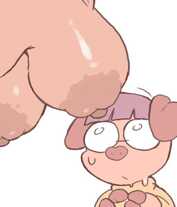 anthro areola bangs big_areola big_breasts big_nipples blotchy_areola bodily_fluids breasts clothing duo eyewear female glasses hair hoof_hands huge_breasts larger_female milky nipples pig_nose round_glasses simple_background size_difference sweat tan_body tan_skin topwear wearing_glasses white_background milkypuff domestic_pig mammal suid suine sus_(pig) 2025 absurd_res digital_drawing_(artwork) digital_media_(artwork) hi_res