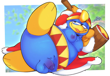 anthro areola balls bedroom_eyes belly big_areola big_belly chest_tuft clothing genitals giant_hammer gloves handwear lying male moobs narrowed_eyes navel nipples obese obese_anthro obese_male overweight overweight_anthro overweight_male penis robe seductive small_penis solo tongue tongue_out tuft salamikii kirby_(series) nintendo king_dedede avian bird penguin hi_res