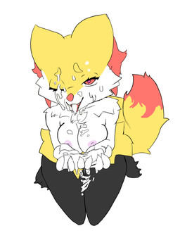 anthro bodily_fluids breast_squish breasts cum cum_drenched cum_in_mouth cum_inside cum_on_face cum_on_hand cum_on_leg female genital_fluids heart_eyes heart_symbol kneeling nipples pink_nipples solo squish son_mango nintendo pokemon braixen canid canine fox generation_6_pokemon mammal pokemon_(species) sketch