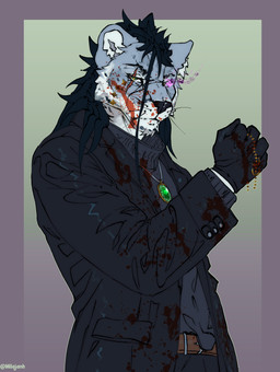anthro belt black_clothing black_gloves black_hair black_handwear black_nose black_topwear blood blue_body blue_fur bodily_fluids bottomwear bracelet clothed clothing coat eye_scar eyewear facial_scar fingers formal_wear fur gem gloves glowing glowing_eyes green_eyes grey_body grey_clothing grey_fur hair handwear jewelry long_hair looking_at_viewer male necklace pants pink_eyes purple_eyes scar simple_background solo suit sweater topwear turtleneck whiskers white_body white_fur yellow_eyes milajanh felid feline lion mammal pantherine absurd_res hi_res portrait