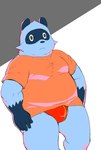 anthro blue_body bulge clothing detailed_bulge kemono male overweight overweight_male shirt simple_background solo topwear underwear osaruyan canid canine mammal raccoon_dog tanuki 2023 hi_res