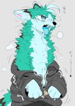 2024 anthro biped black_clothing black_hoodie black_topwear blue_eyes blue_tongue bodily_fluids canid canine clothing fox fur green_body green_fur hi_res hoodie juutton male mammal solo sweat sweatdrop sweaty_body tongue topwear undressing_self