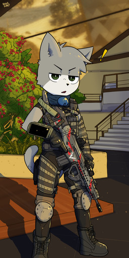 :o anthro black_nose building clothed clothed_anthro clothed_male clothing detailed_background exclamation_point fully_clothed fully_clothed_anthro fully_clothed_male fur green_eyes grey_body grey_fur gun holding_gun holding_object holding_ranged_weapon holding_weapon house kemono male military_uniform open_mouth outside plant ranged_weapon shrub solo uniform weapon bravobunny domestic_cat felid feline felis mammal full-length_portrait hi_res portrait