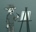 anthro antlers black_nose bottomwear clothing creating_art easel grey_background horn male painting pajama_pants pants pattern_bottomwear pattern_clothing pattern_pants plaid plaid_bottomwear plaid_clothing plaid_pants shirt simple_background solo t-shirt topwear tinydeerguy darwin_(tinydeerguy) deer mammal greyscale hi_res monochrome