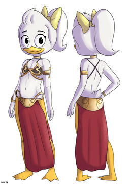 anthro bow_(feature) bra clothed clothing cosplay costume feet female flat_chested gold_(metal) hair looking_at_viewer membrane_(anatomy) ponytail simple_background slave_leia_costume smile solo standing tail toes underwear webbed_feet young young_female ionai disney ducktales ducktales_(2017) star_wars may_duck anatid anseriform avian bird duck 2026 absurd_res hi_res