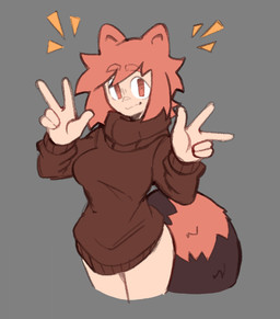 5_fingers animal_ears breasts brown_clothing brown_sweater brown_topwear brown_turtleneck clothed clothed_female clothed_humanoid clothing emanata eyebrow_through_hair eyebrows female female_humanoid fingers gesture grey_background hair hand_gesture light_body light_skin markings mouth_closed orange_ears orange_eyebrows orange_eyes ring_(marking) ringed_tail simple_background solo striped_markings striped_tail stripes sweater tail tail_markings topwear translucent translucent_hair turtleneck v_sign white_sclera derpyfox_36 mona_(derpyfox_36) animal_humanoid canid canid_humanoid canine canine_humanoid humanoid mammal mammal_humanoid tanuki_humanoid 2023 digital_drawing_(artwork) digital_media_(artwork) portrait three-quarter_portrait