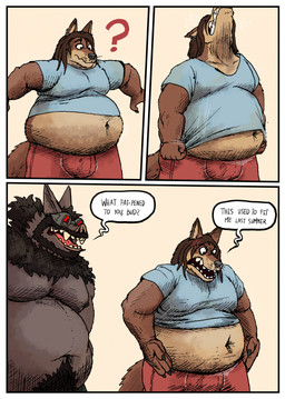 angry anthro beard belly big_belly brown_body brown_fur clothed clothing comic_panel confusion cross-popping_vein deep_navel dialogue duo ear_piercing ear_ring eyewear facial_hair fangs fur glasses grey_body grey_fur hair long_hair male male/male male_anthro moobs navel neck_tuft overweight overweight_anthro overweight_male piercing question_mark red_clothing red_eyewear red_glasses ring_piercing shirt short_clothing speech_bubble t-shirt teasing teeth text tight_clothing topless topless_anthro topless_male topwear tuft tufted_fur weight_gain chopangigante chun_(chopangigante) hykewolffen bat canid canine canis mammal wolf comic english_text hi_res