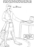 anthro bottomwear candle clothed clothing computer dialogue electronics hoodie kilt laptop male solo text topwear arania the_cabin_in_the_woods_(arania) jack_(tcitw) armadillo_girdled_lizard girdled_lizard lizard reptile scalie comic english_text hi_res monochrome