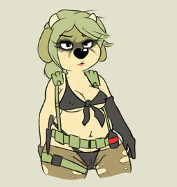 anthro armwear belt black_nose bodypaint bottomwear bra breasts camel_toe clothed clothing cosplay elbow_gloves explosives face_paint female freckles fur gloves green_body green_fur green_hair grenade hair handwear horn navel nipple_outline panties pants pubes simple_background skimpy solo standing tan_background tan_body tan_fur torn_clothing translucent translucent_clothing under_boob underwear utility_belt weapon sprockeyart konami metal_gear maggie_hudson quiet_(metal_gear) bovid bovine cattle mammal 2015