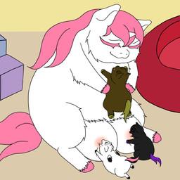 ambiguous_feral ambiguous_gender areola black_body black_fur black_hooves black_wings breastfeeding brown_body brown_fur crotch_breasts eyelashes eyes_closed female female_feral feral fur good_parenting green_hooves green_tail group hair happy hooves mouth_closed neonate open_mouth pink_eyelashes pink_hair pink_hooves pink_tail purple_hooves purple_tail sitting smile sucking tail toy_block white_body white_fur wings young young_ambiguous young_feral kerosinecannibal fluffy_pony fluffy_pony_(species) mammal 1:1 2025 digital_media_(artwork) english_description flat_colors hi_res