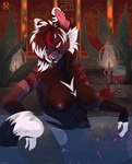 anthro bathing blood blood_in_mouth bodily_fluids breasts demon's_blood detailed_background drinking drinking_blood embers female genitals pussy red_eyes smile solo kettimurr michaela_(akimaruney) domestic_cat felid feline felis mammal absurd_res hi_res