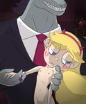 blonde_hair bodily_fluids breasts business_suit cabronpr clothing disney duo empty_eyes female group hair hi_res human humanoid larger_male lizard male male/female mammal marco_diaz mewman nude reptile scalie septarian sharp_teeth size_difference small_breasts smaller_female star_butterfly star_vs._the_forces_of_evil suit tears teeth toffee_(svtfoe) trio