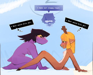 adolescent anthro antlers black_hair blonde_hair blush bodily_fluids breasts buckteeth dialogue female fingers fur group hair hooves horn male nude nude_anthro nude_female open_mouth pupils purple_body short_tail side_view simple_eyes sweat tail teeth thought_bubble trio yellow_sclera young tofuuu deltarune undertale_(series) kris_dreemurr noelle_holiday susie_(deltarune) deer human mammal scalie