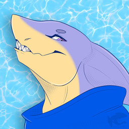 ambiguous_gender anthro fin head_fin multicolored_body purple_body purple_eyes sharp_teeth solo teeth two_tone_body water_background nala_elephant aquatic fish shark 1:1 hi_res watermark