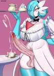 big_breasts blue_hair bodily_fluids breasts cleavage clothed clothing cum genital_fluids genitals gynomorph hair intersex maid_uniform no_underwear not_furry penis uniform vein veiny_penis nicoguer nintendo pokemon gardevoir generation_3_pokemon pokemon_(species) shiny_pokemon absurd_res hi_res