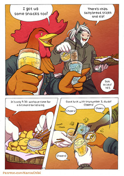5_fingers anthro bar beverage black_nose blue_body blue_fur bread breadsticks chips_(food) clothed clothed_anthro clothed_male clothing dialogue feathers fingers food fur glass grey_body grey_fur group hoodie humanoid_hands kerchief laugh male multicolored_body multicolored_fur page_number red_body red_feathers shirt speech_bubble text toasting topwear two_tone_body two_tone_fur white_body white_feathers white_fur kantachibli adrian_(kantachibli) benedict_(kantachibli) blue_(kantachibli) phillip_(kantachibli) avian bird canid canine chicken equid equine fox galliform heron horse mammal pelecaniform phasianid comic english_text hi_res url