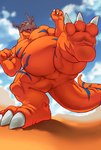 3_fingers 3_toes anthro belly big_belly biped butt claws cloud facial_horn fangs featureless_crotch feet feral fingers foot_focus horn long_tail low-angle_view male nose_horn nude null open_mouth orange_body overweight overweight_anthro overweight_male pecs plantigrade scales sky solo spread_legs spreading tail tailbutt tapering_tail teeth thick_tail thick_thighs toes worm's-eye_view steen bandai_namco digimon digimon_(species) dinosaur greymon prehistoric_species reptile scalie 2022 absurd_res digital_media_(artwork) hi_res