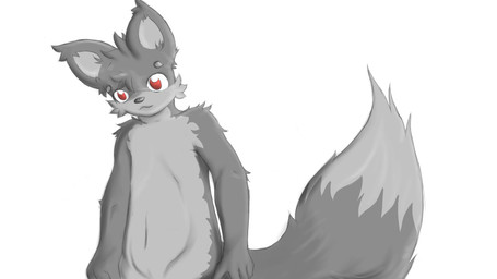 4_fingers :3 anthro black_nose cheek_tuft dipstick_tail facial_tuft fingers fluffy fluffy_tail fur grey_body grey_fur head_tuft looking_down male markings multicolored_body multicolored_fur multicolored_tail navel nude red_eyes simple_background smile solo tail tail_markings tuft two_tone_body two_tone_fur white_background log_(artist) log_(fox) canid canine fox mammal 2015