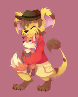 ambiguous_gender anthro barefoot black_nose bottomwear brown_body brown_clothing brown_fur brown_hair brown_hat brown_headwear clothed clothing digitigrade duo eyes_closed feet feral fully_clothed fur hair hat headgear headwear hindpaw holding_another holding_feral jacket looking_up_at_another male orange_body orange_fur paws purple_background red_clothing red_jacket red_topwear short_hair shorts simple_background size_difference smile snout standing tail tail_tuft tan_bottomwear tan_clothing tan_shorts topwear tuft white_body white_fur yellow_body yellow_fur darmp slightly_damned canid canine fox jakkai mammal red_fox true_fox 2014 digital_media_(artwork) digital_painting_(artwork) hi_res painting_(artwork) shaded