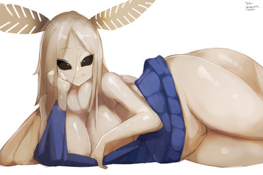 antennae_(anatomy) arthropod_abdomen big_breasts black_eyes bottomless breasts cleavage clothed clothing female genitals hair huge_breasts licking licking_lips monster_girl_(genre) neck_tuft simple_background sweater tongue tongue_out topwear tuft vulva white_background white_hair wide_hips my700 animal_humanoid arthropod arthropod_humanoid humanoid insect insect_humanoid lepidopteran lepidopteran_humanoid moth moth_humanoid hi_res