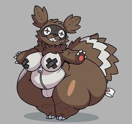 anthro big_butt black_nose brown_body brown_fur bulge butt cheek_tuft claws facial_tuft fur grey_background huge_butt male nipple_tape overweight overweight_anthro overweight_male pasties plushie seam_(sewing) sharp_teeth simple_background smile solo standing tail tape teeth thick_thighs tuft white_claws wide_hips zipper dusk_thelycanroc nintendo pokemon animate_inanimate generation_3_pokemon living_plushie pokemon_(species) zigzagoon 2025 digital_drawing_(artwork) digital_media_(artwork) english_description hi_res