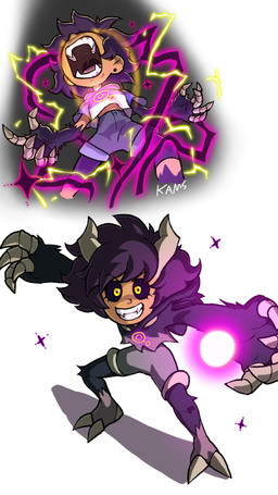 2_toes 5_fingers action_pose barefoot big_eyes big_hands big_head biped black_sclera bone bottomwear claws clothed clothing denim denim_bottomwear denim_clothing denim_shorts ear_piercing electricity exoskeleton eyelashes feet female fingers fur gaping_mouth glowing glowing_eyes glowing_markings grey_body grey_horn grin hair horn humanoid_face looking_at_viewer low-angle_view magic_orb markings open_mouth pain piercing plantigrade pose purple_body purple_fur purple_hair screaming shadow sharp_teeth shirt shorts simple_background smile solo sparkles standing t-shirt tan_body teeth toes tongue topwear transformation white_background white_clothing white_shirt white_t-shirt white_topwear yellow_eyes yellow_markings kams disney the_owl_house luz_noceda titan_luz demon human humanoid mammal primate titan_(the_owl_house) 2025 9:16 cel_shading colored digital_drawing_(artwork) digital_media_(artwork) hi_res line_art multiple_scenes shaded signature