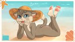 anthro beach breasts butt calves_up clothing feet female happy hat hat_only headgear headgear_only headwear headwear_only mostly_nude nipples pawpads paws solo sunbathing ecclesia_feriae domestic_cat felid feline felis mammal 16:9 hi_res widescreen