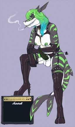 5_fingers anthro balls bdsm biped black_body black_clothing black_footwear black_high_heels black_skin blue_hair boots breasts cigarette clothed clothed_anthro clothed_gynomorph clothed_intersex clothing erection fin fingers footwear garter_belt garter_straps genital_piercing genitals green_body green_eyes green_hair green_skin green_stripes grin gynomorph hair harness high_heeled_boots high_heels intersex leather leggings legwear mostly_nude mostly_nude_anthro mostly_nude_gynomorph mostly_nude_intersex multicolored_hair nipple_piercing nipples non-mammal_breasts nude penis penis_piercing piercing prince_albert_piercing riding_crop shoes simple_background smile smoking solo speaker spikes stripes teeth two_tone_hair whip jeanwoof kishatashwood aquatic fish shark 2016 hi_res