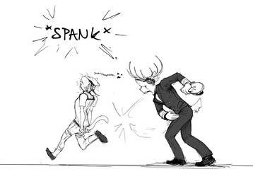 anthro antlers bow_tie butt_slap clothing formal_wear hat headgear headwear heart_symbol holding_clothing holding_hat holding_headgear holding_headwear holding_object horn male male/male military_cap playful running sailor_uniform slap spanking uniform hladilnik deer_admiral_(hladilnik) ship's_catboy_(hladilnik) deer domestic_cat felid feline felis mammal 2026 black_and_white hi_res monochrome