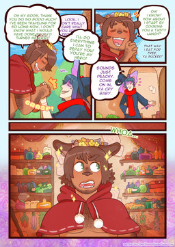 4_panel_comic arm_hair body_hair brown_body brown_skin chest_hair clothing dialogue duo eyes_closed fangs flower flower_crown half-closed_eyes hat headgear headwear hood male markings mole_(marking) narrowed_eyes open_mouth open_smile plant potion_bottle robe scarf smile smirk smug smug_face speech_bubble stubble tan_body tan_skin teeth text wizard_hat darkchibishadow solanaceae battam_(solanaceae) sal_(solanaceae) human humanoid mammal satyr comic english_text