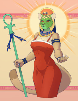 5_fingers abstract_background accessory ankh anthro arm_tuft armband aura aura_sphere bare_shoulders big_breasts big_iris big_nipples biped black_eyebrows blue_ribbon bracelet breasts brown_nose brown_tail_tip claws cleavage clothed clothed_anthro clothed_female clothing dipstick_tail dress egyptian egyptian_clothing eye_of_ra eyebrows eyelashes female finger_claws fingers fur fur_tuft glistening glistening_eyes gold_(metal) gold_accessory gold_jewelry green_body green_ears green_face green_fur green_neck holding_object holding_staff humanoid_hands inner_ear_fluff iris jewelry light_body light_fur long_eyelashes looking_forward markings medium_shot mouth_closed multicolored_body multicolored_fur navel_outline nipple_outline nipples pink_body pink_fur pink_neck pupils red_clothing red_dress red_eyes shoulder_tuft slit_pupils snout solo staff standing sun tail tail_markings tan_body tan_fur tan_tail tawny_fur text thin_eyebrows three-quarter_view tight_clothing tight_dress tuft two_tone_neck usekh white_body white_breasts white_claws white_fur white_inner_ear white_inner_ear_fluff wide_hipped_anthro wide_hipped_female wide_hips yellow_sclera energyvector egyptian_mythology middle_eastern_mythology mythology sekhmet deity felid lion mammal pantherine 2026 artist_name colored digital_drawing_(artwork) digital_media_(artwork) hi_res portrait signature three-quarter_portrait