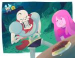 2015 adventure_time animated_skeleton bone brother_(lore) brothers_(lore) canid canine canis cartoon_network crossover domestic_dog female finn_the_human food food_hair group human humanoid jake_the_dog male mammal natouu not_furry_focus papyrus_(undertale) princess_bubblegum pseudo_hair sibling_(lore) skeleton undead undertale undertale_(series)