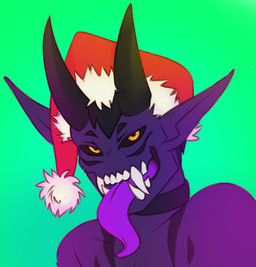 christmas_clothing christmas_headwear clothing gradient_background green_background hat headgear headwear holidays horn looking_at_viewer male not_furry open_mouth pointy_ears purple_body santa_hat sharp_teeth simple_background solo teeth tongue tongue_out yellow_eyes conop-8888 christmas razar_(ilovdota2) demon humanoid