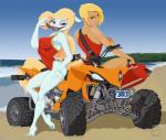 anthro atv beach blonde_hair blue_eyes clothing eyewear female fur group hair looking_at_viewer outside pink_nose sand seaside sunglasses swimwear white_body white_fur kraudev animaniacs baywatch warner_brothers minerva_mink human mammal mink mustelid musteline true_musteline hi_res