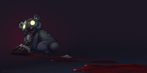 ambiguous_gender blood bodily_fluids brain button_(fastener) cannibalism claws dark eating empty_eyes exposed_brain fluffy glowing glowing_eyes gradient_background organs patch_(fabric) plush_stuffing plushie semi-anthro sharp_teeth simple_background solo teeth vore yellow_eyes conditional_dnp sefeiren zombear animate_inanimate bear living_plushie mammal patchwork_creature patchwork_monster undead zombie restricted_palette