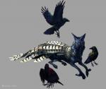 ambiguous_gender beak black_beak black_body black_feathers black_fur black_nose claws crown feathered_wings feathers feral fur grey_background grey_body grey_fur group headgear paws simple_background wings yellow_eyes nukerooster feonix 2015