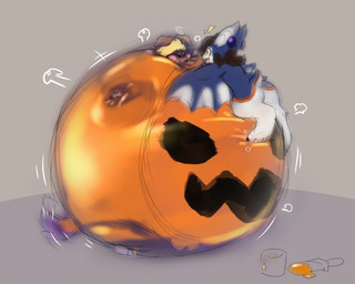 air_inflation air_puff anthro blonde_hair blue_body blue_fur blush blush_lines body_inflation brown_hair brush claws close_to_bursting duo eyes_closed fur hair hissing holidays immobile implied_popping inflation laying_on_another looking_pleasured open_mouth open_smile orange_paint paint paint_can paintbrush puffed_cheeks pumpkin_belly purple_body purple_fur realistic_wings smile spherical_inflation tail tail_motion tailwag text toe_claws white_body white_fur wings yellow_paint satsumatheblue halloween satsumi_(satsumatheblue) bat canid canine canis domestic_dog mammal 2025 digital_media_(artwork) hi_res
